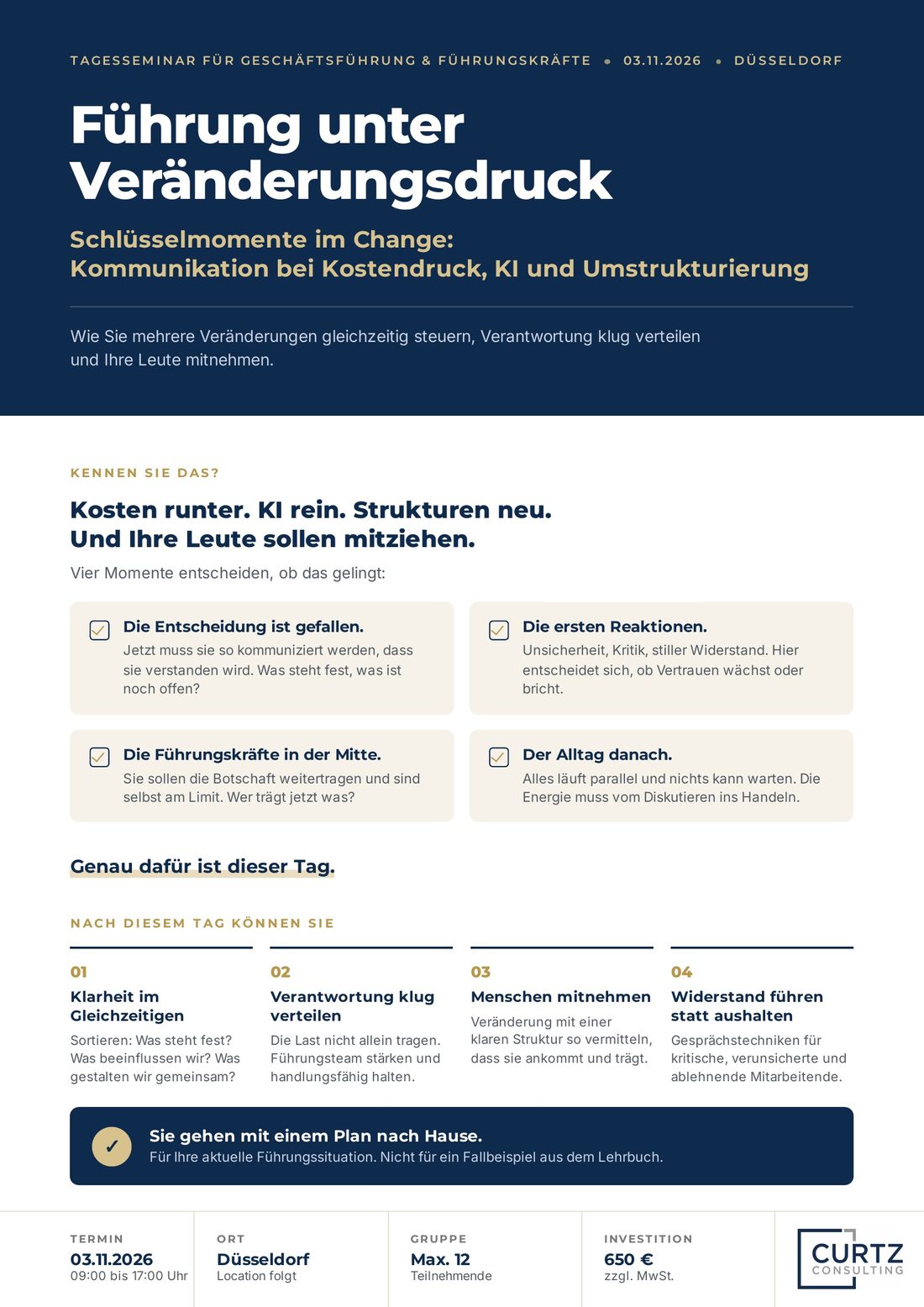 Flyer Seite 1: Führung unter Veränderungsdruck, Inhalte und Ergebnisse des Tages